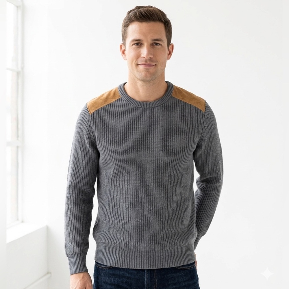 J. Crew Heritage Ribbed Cotton Sweater with Suede Shoulder Patches - Medium